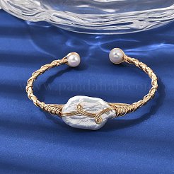 Brass Wire Wrapped Natural Baroque Pearl Cuff Bangles for Women&nbsp;BJEW-D453-02G