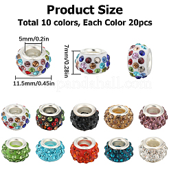 200Pcs 10 Colors Polymer Clay Rhinestone European Large Hole Beads with Silver Plated Brass Cores&nbsp;FPDL-SC0001-01