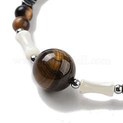 Natural Tiger Eye Round & Synthetic Non-magnetic Hematite & White Shell Beaded Bracelets for Women&nbsp;BJEW-K251-02G