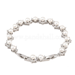 Platinum Tone Brass Micro Pave Cubic Zirconia & Plastic Pearl Tennis Bracelets&nbsp;BJEW-B160-16P