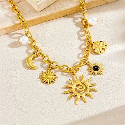 304 Stainless Steel Resin & Plastic Pearl Sun Pendant Bib Necklaces&nbsp;NJEW-H073-01G