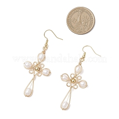 Natural Cultured Freshwater Pearl Cross Dangle Earrings&nbsp;EJEW-TA00723