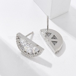 Half Round Brass Micro Pave Clear Cubic Zirconia Stud Earrings&nbsp;EJEW-M077-08P