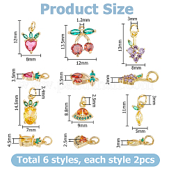 12Pcs 6 Styles Brass Micro Pave Gold Cubic Zirconia Charms&nbsp;ZIRC-HS0001-25A-NF