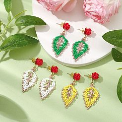Rose with Leaf Seed Beads Stud Earrings&nbsp;EJEW-MZ00222