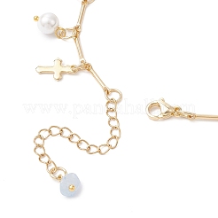 Natural Aquamarine Chip & Round Shell Pearl Cross Tassel Anklets&nbsp;AJEW-AN00716-01