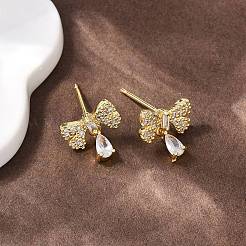 Brass Micro Pave Clear Cubic Zirconia Bowknot Dangle Stud Earrings&nbsp;EJEW-F400-14G