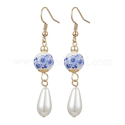 Round with Flower Pattern Porcelain Ceramic Dangle Earrings&nbsp;EJEW-JE06347-01