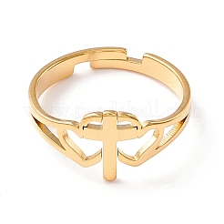 Double Heart with Cross 304 Stainless Steel Adjustable Ring for Women&nbsp;LS-RJEW-B035-06G