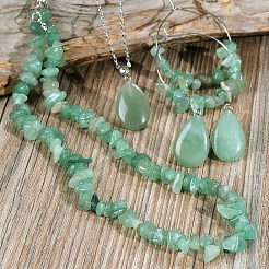 Bohemian Style Natural Green Aventurine Teardrop Pendant Necklaces & Chip Beaded Necklaces & Hoop Earrings & Dangle Earrings Sets&nbsp;WG11994-03