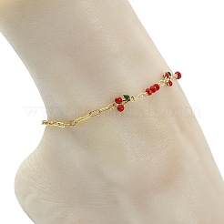 Brass Enamel Red Cherry Link and Paperclip Chain Anklets for Women&nbsp;AJEW-AN00815