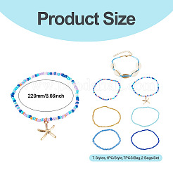 2 Bags Summer Beach Glass Seed Beaded & Natural Shell & Alloy Starfish Charm Anklet Sets&nbsp;AJEW-TA0003-69D
