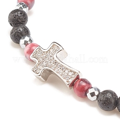 Natural & Synthetic Mixed Gemstone Beaded Stretch Bracelet with Clear Cubic Zirconia Cross for Women&nbsp;BJEW-JB08247-01