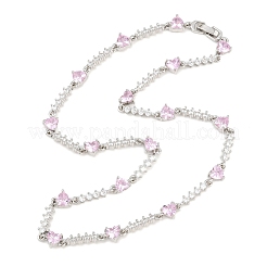 Brass Pave Pink Cubic Zirconia Heart Link Chain Necklaces&nbsp;KK-CBA4547-16A-P
