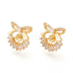 Bowknot Brass Micro Pave Clear Cubic Zirconia Stud Earrings Findings for Half Drilled Beads&nbsp;KK-T071-14G