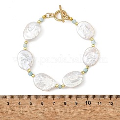Natural Baroque Keshi Pearl Oval & Natural Larimar & Brass Beaded Bracelets&nbsp;BJEW-JB14338