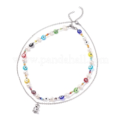 Natural Pearl and Evil Eye Jewelry Set with Bear Pendant&nbsp;SJEW-TA00004