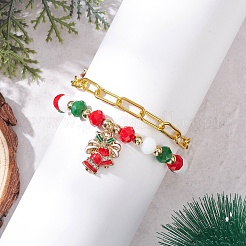 2Pcs 2 Styles Christmas Theme Alloy Enamel Charm Bracelets & Iron Paperclip Chain Bracelets Sets&nbsp;BJEW-JB12443-01