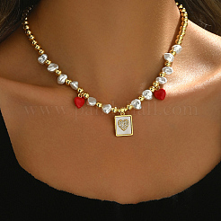Elegant Brass & Imitation Pearl Heart Square Bib Necklaces for Women&nbsp;YJ5176