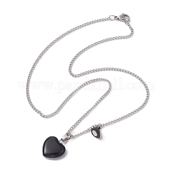 2Pcs 2 Style Natural Black Stone & Opalite Heart Pendant Necklaces Set&nbsp;NJEW-JN04437