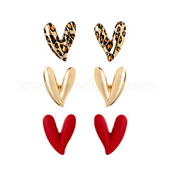 3 Pairs Heart with Leopard Print  Spray Painted Alloy Stud Earrings&nbsp;FS-WG7979B-01