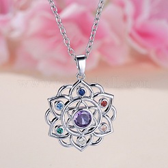Chakra Lotus Flower Brass Pave Colorful Cubic Zirconia Pendant Necklaces for Women&nbsp;FS-WG17A97-01