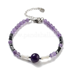 Natural Amethyst Round & Synthetic Non-magnetic Hematite & White Shell Beaded Bracelets for Women&nbsp;BJEW-K251-02F