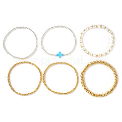 6Pcs 6 Styles Brass & Imitation Pearl Round Beads Stretch Bracelets Set&nbsp;WS3867-2