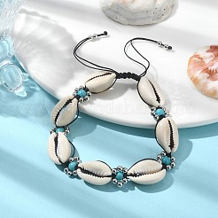 Synthetic Turquoise & Natural Shell Braided Bead Bracelets&nbsp;BJEW-TA00417
