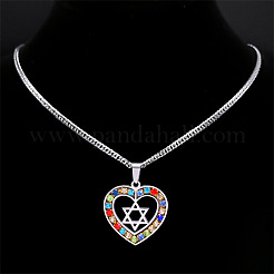 201 Stainless Steel Colorful Rhinestone Heart with Star of David Pendant Necklaces&nbsp;FS-WGF6E8D-01