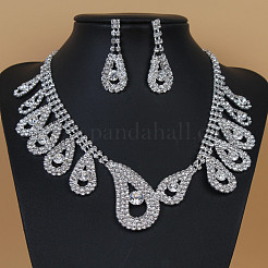 Teardrop Brass Rhinestone Pendant Necklaces & Stud Dangle Earrings Sets for Women&nbsp;WGD620E-02