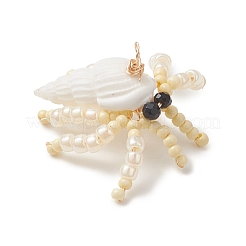 Faceted Round Natural Black Spinel & Natural Trumpet Shell & Glass Seed Beaded Crab Pendants&nbsp;PALLOY-MZ01177-02