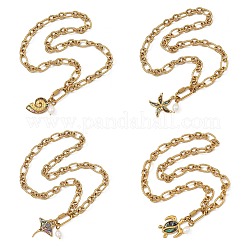 Ocean Natural Paua Shell 304 Stainless Steel Sea Animals & Rice Natural Pearl Pendant Figaro Chain Necklaces&nbsp;NJEW-JN06304