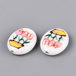 Hand Painted Tulip Flower Oval Porcelain Beads&nbsp;PORC-N012-11C