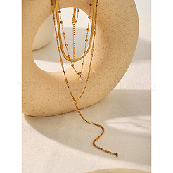 304 Stainless Steel Pave Clear Cubic Zirconia Teardrop Long Tassel Pendant 3 Layer Chain Necklaces for Women&nbsp;WGE5E69-01
