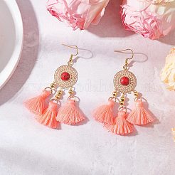 Flat Round 304 Stainless Steel Polycotton Tassel Chandelier Earrings&nbsp;EJEW-JE06452