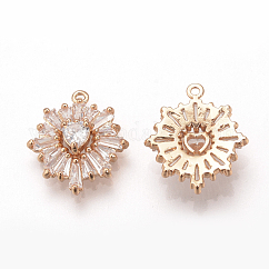 Alloy Cubic Zirconia Pendants, Flower with Heart, Light Gold, 17.5x15x5mm, Hole: 1mm