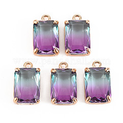 Gradient Color Glass Pendants, with Brass Prong Settings, Faceted, Rectangle, Light Gold, Orchid, 17x10x5.5mm, Hole: 1.6mm