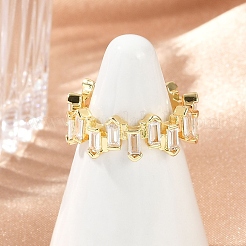 Rectangle Brass Micro Pave Clear Cubic Zirconia Open Cuff Rings for Women&nbsp;RJEW-G343-23G