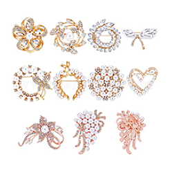 10Pcs 10 Styles Alloy Rhinestone Brooches&nbsp;JEWB-PH0001-39