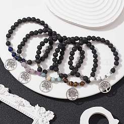 Natural Lava Rock & Mixed Gemstone Round Beaded Stretch Bracelet&nbsp;BJEW-JB09767