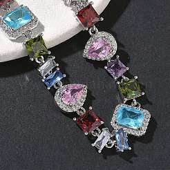 Brass Micro Pave Colorful Cubic Zirconia Rectangle & Square & Teardrop Link Chain Bracelets for Women&nbsp;BJEW-G764-07P
