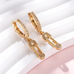Safety Pin Brass Micro Pave Cubic Zirconia Hoop Earrings&nbsp;EJEW-F384-15G-01