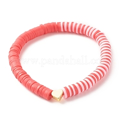 Polymer Clay Heishi Surfer Stretch Bracelet with Brass Heart&nbsp;BJEW-JB07850