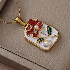 Vintage 304 Stainless Steel Enamel Flower Pendant Necklaces with Imitation Pearl for Women&nbsp;CU9573