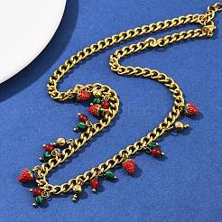 Natural Carnelian and Synthetic Malachite Round Beads and Red Strawberry Tassel 304 Stainless Steel Twisted Chain Necklaces&nbsp;NJEW-C092-03G