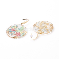 Transparent Epoxy Resin Flat Round with 3D Printed Flower Pattern Dangle Earrings&nbsp;EJEW-JE04580