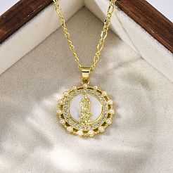 Brass Clear Cubic Zirconia Flat Round with Virgin Mary Pendant Necklaces&nbsp;LS-NJEW-C071-07A-G