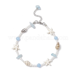 Summer Natural Dyed Aquamarine & Round White Jade & Natural Sea Shell & Shell Pearl & Synthetic Turquoise Starfish Beaded Anklets&nbsp;AJEW-AN00693