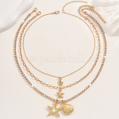 Boho Summber Beach Alloy Crystal Rhinestone Starfish Shell Shape Pendant 3 Layer Necklaces for Women&nbsp;WG7EBB2-01